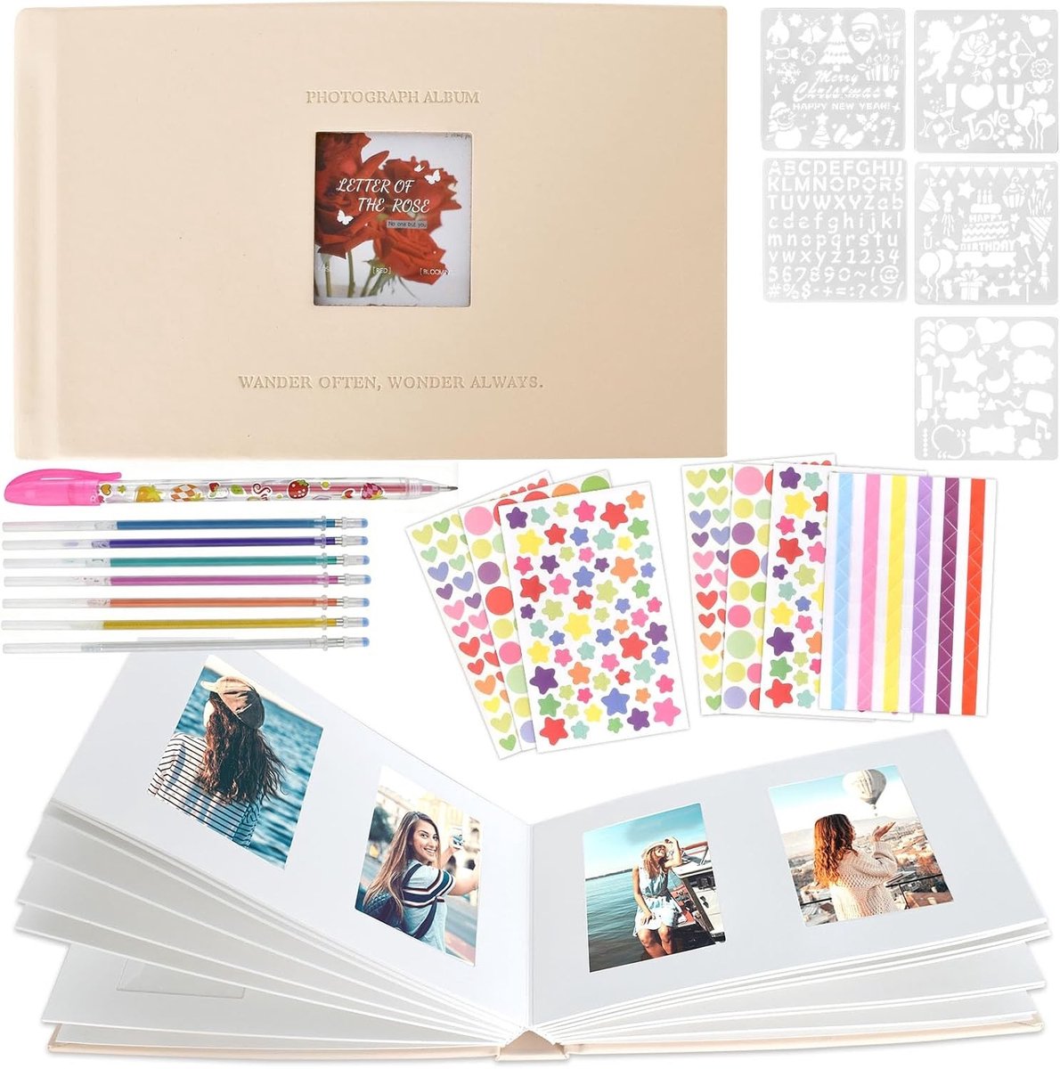 Scrapbook fotoalbum 21 x 13,5 cm met 28 pagina's, stickers en sjablonen voor creatieve herinneringen, perfect voor verjaardagen en trouwdagen
