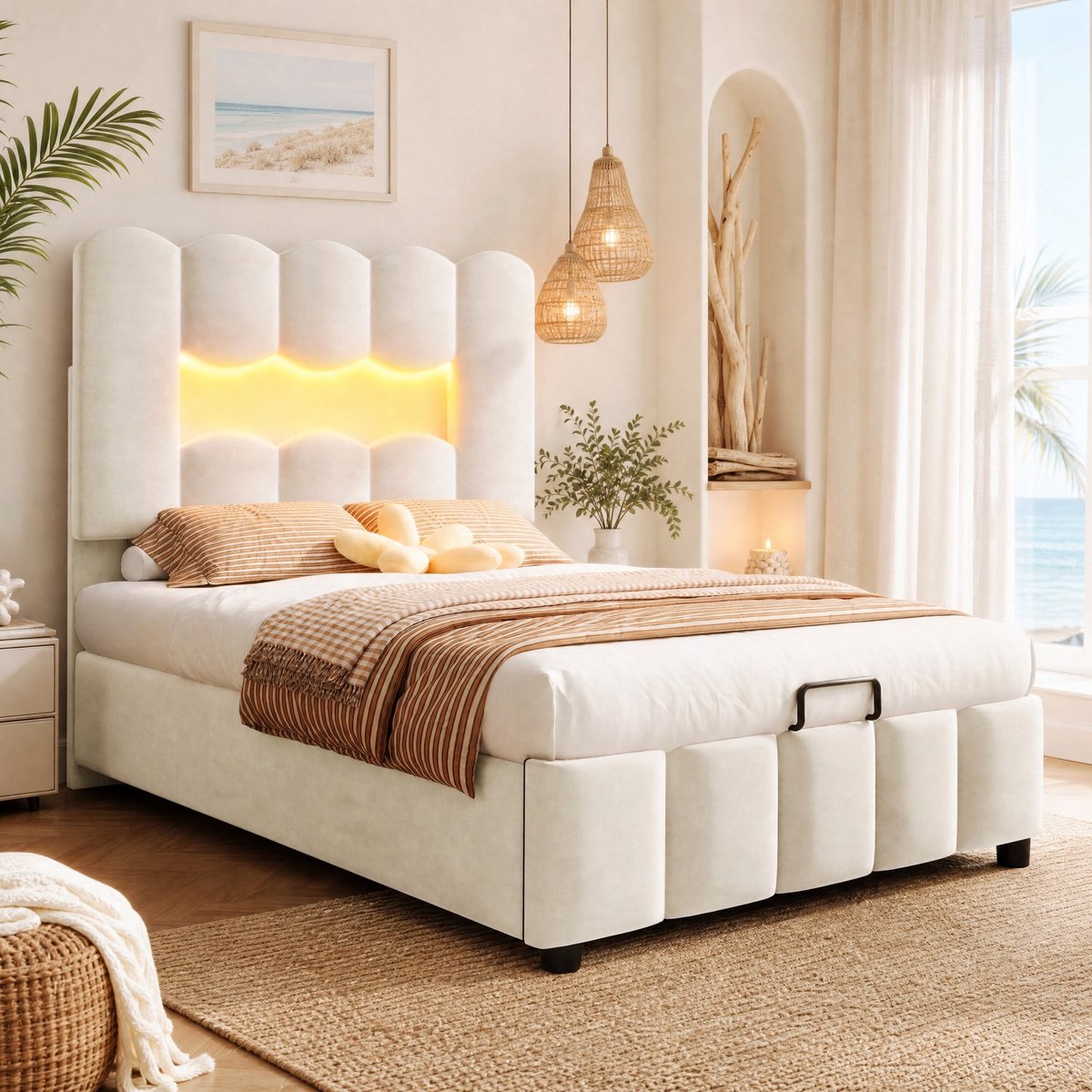COVREO Bed met opbergruimte – 90x200 cm – Velours frame met verstelbaar hoofdbord – Bedombouw met LED – Beige - zonder matras