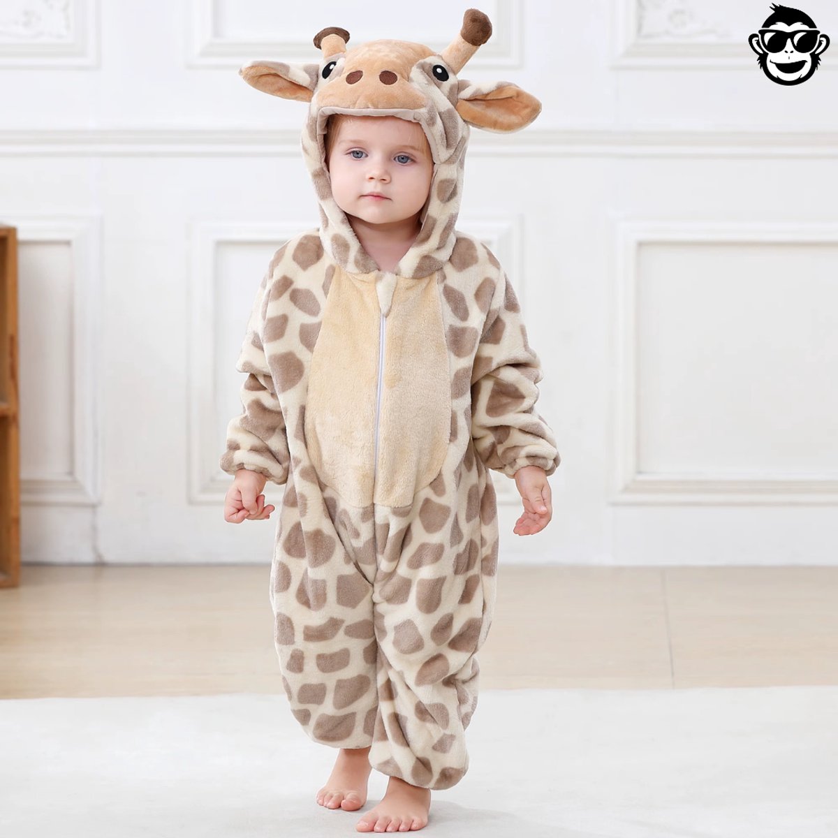 BoefieBoef Dieren Baby Onesie Giraffe Peuter Pyjama Kinderen 6 maanden tot 2 jaar – Verkleedkleding met Luierrits – Carnaval Dierenpak - Verjaardag- en Kraamcadeau – Flanel - Romper - Boxpak - Jongens - Meisjes - Kruippak - Giraf Bruin — afbeelding 5