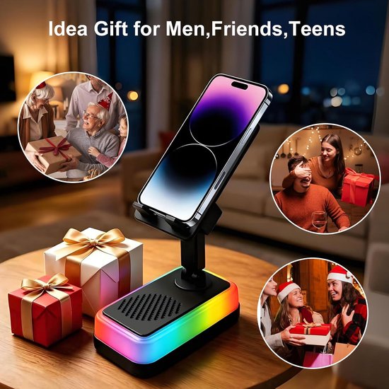 Draadloze Inductiespeaker met Telefoonstandaard, 5-in-1 Bluetooth Speaker met RGB-verlichting en 3000mAh Noodlader, Verstelbare Houder, Geschikt voor Apple iPhone en iPad, Samsung Galaxy en Android-apparaten, Praktisch Gadget-Zwart — afbeelding 2