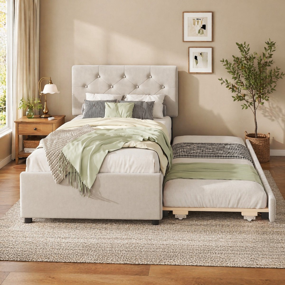 COVREO Polsterbett 90x200cm met Lattenbodem - Samt Beige - met uitrolbed