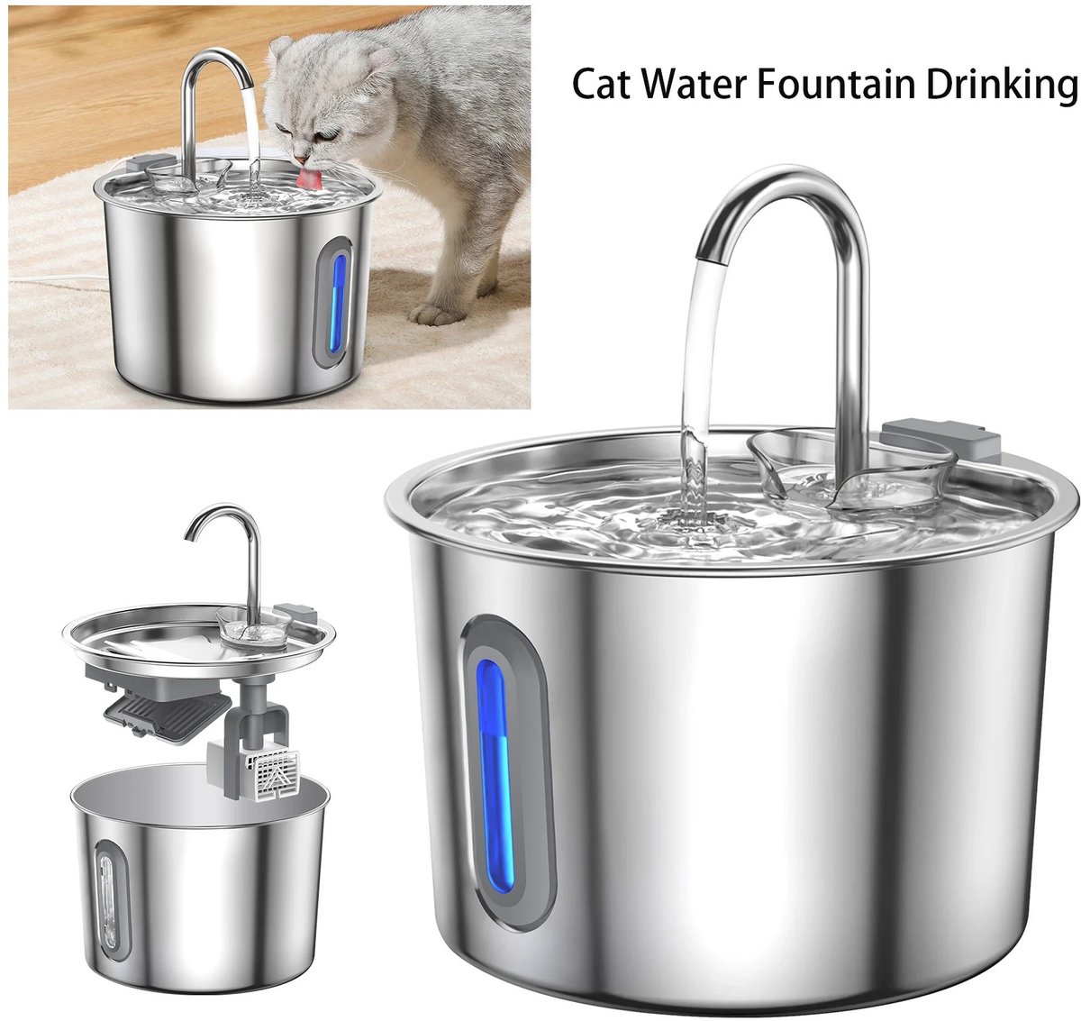 Zerova Katten Drinkfontein - Drinkbak Katten & Honden - 3.2L RVS Waterfontein - Vaatwasserbestendig - Waterdispenser - Zilver