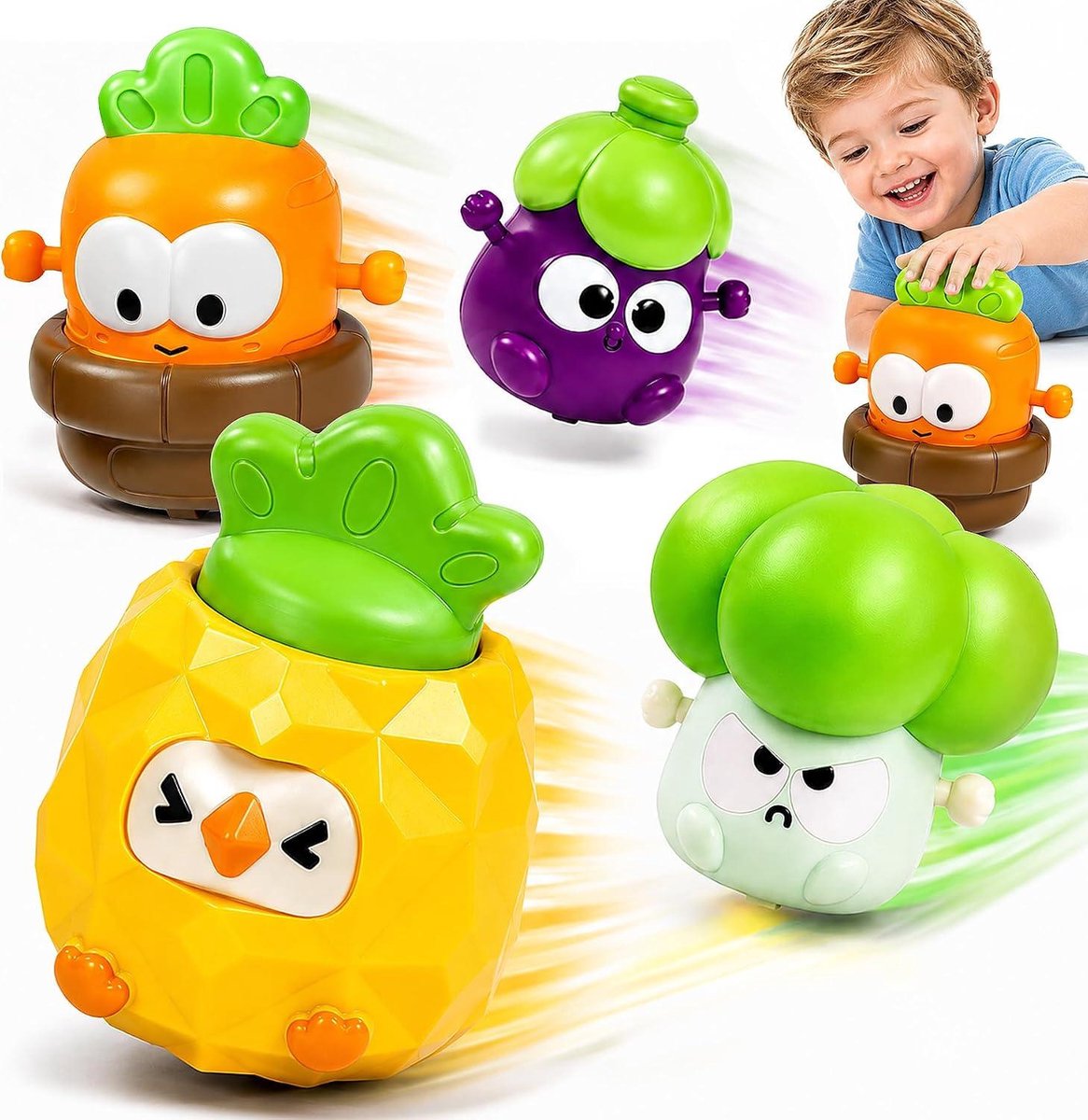 Casalora® Speelgoedauto’s 4 Stuks – Fruit & Groente Drukauto’s – Druk-en-Ga Inertie Auto’s – Educatief Peuterspeelgoed 1-3 Jaar – Jongens en Meisjes