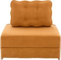 Oranje corduroy slaapfauteuil, dichtgeklapt, met wigvormig kussen.
