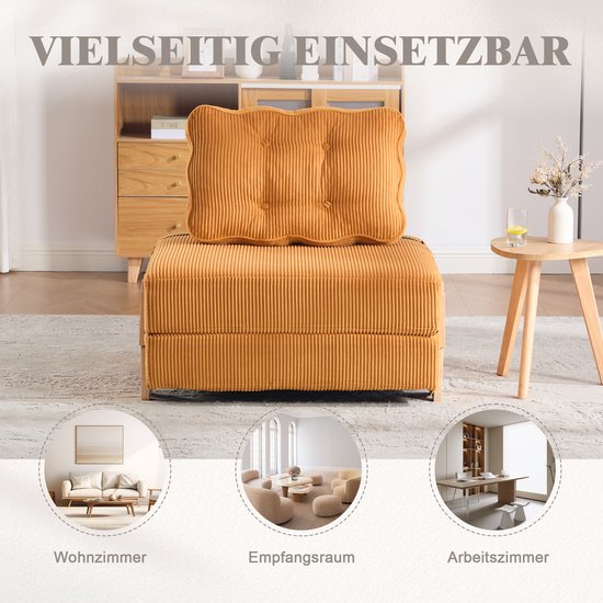 Oranje corduroy slaapfauteuil, meervoudig inzetbaar: woonkamer, ontvangstruimte, werkkamer.