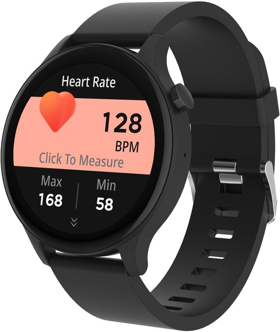 Zwarte smartwatch met hartslagmeter van 128 BPM, met max 168 en min 58.
