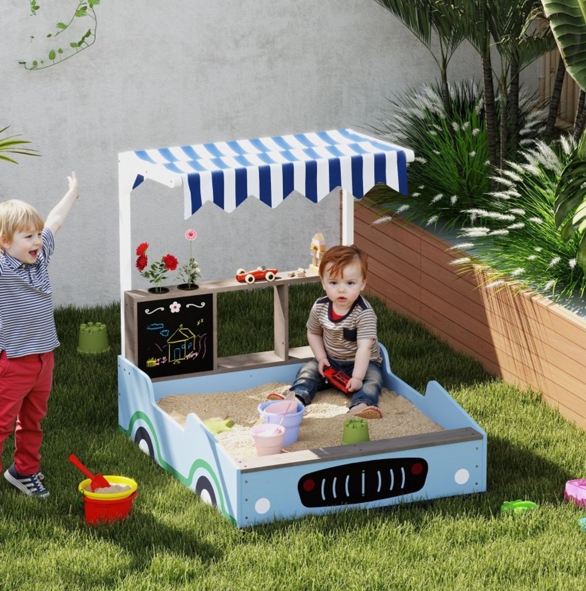 MODFU-Zandbak Met Luifel-Blauw-Hout-Auto Design-Krijtbord-Zitbank