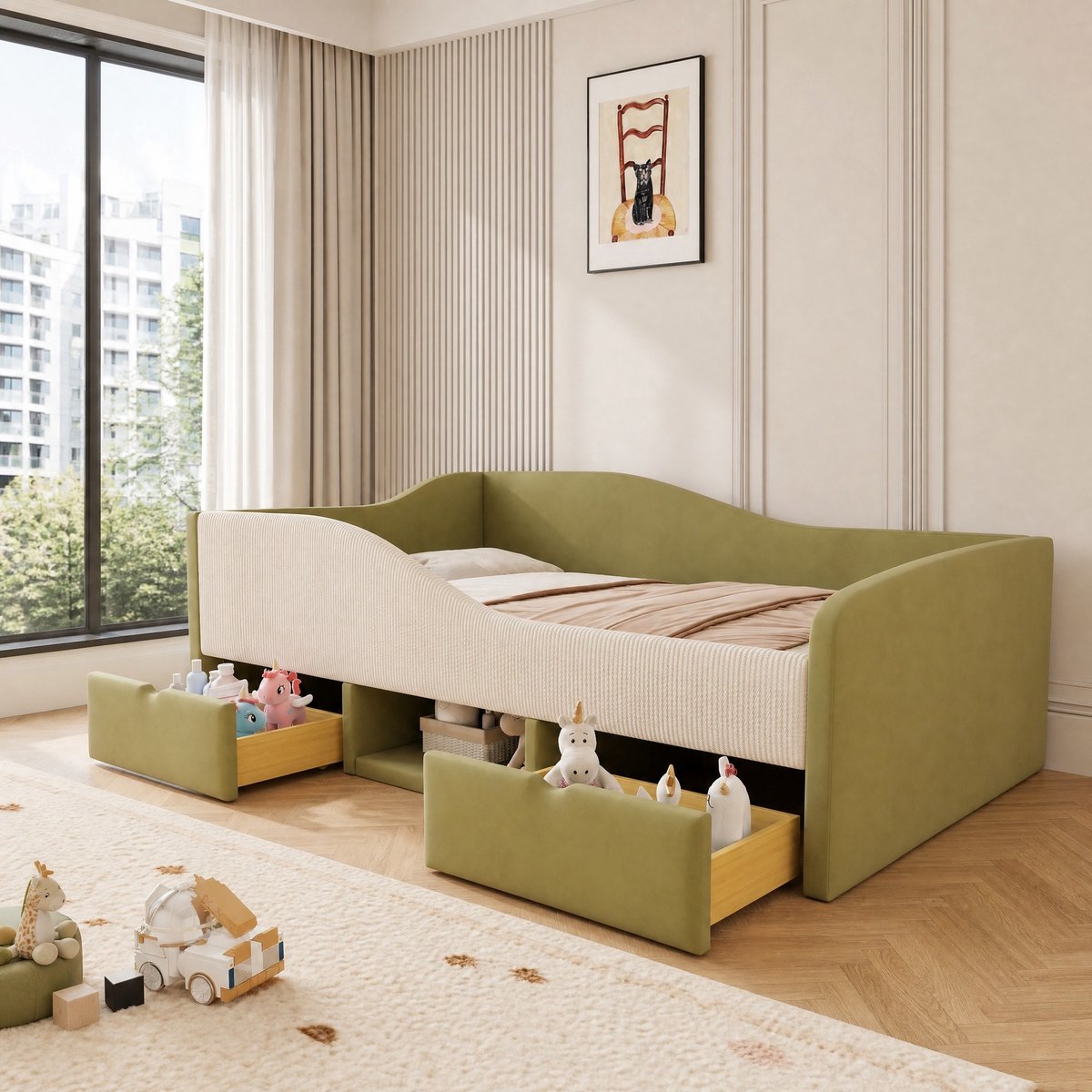 COVREO Bedbank met lades – 90x190 cm – Kinderbed voor slaap en spelen – Lattenbodem – Groen crèmewit - zonder matras Groen+Ivoor