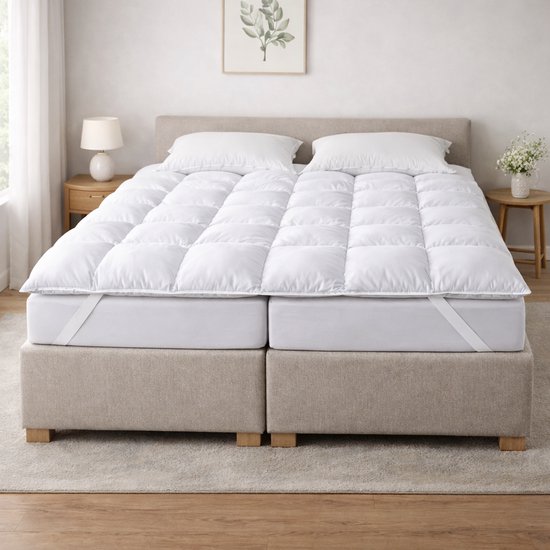Dubbel bed opgemaakt met twee witte topmatrassen, kussens en decoratie.