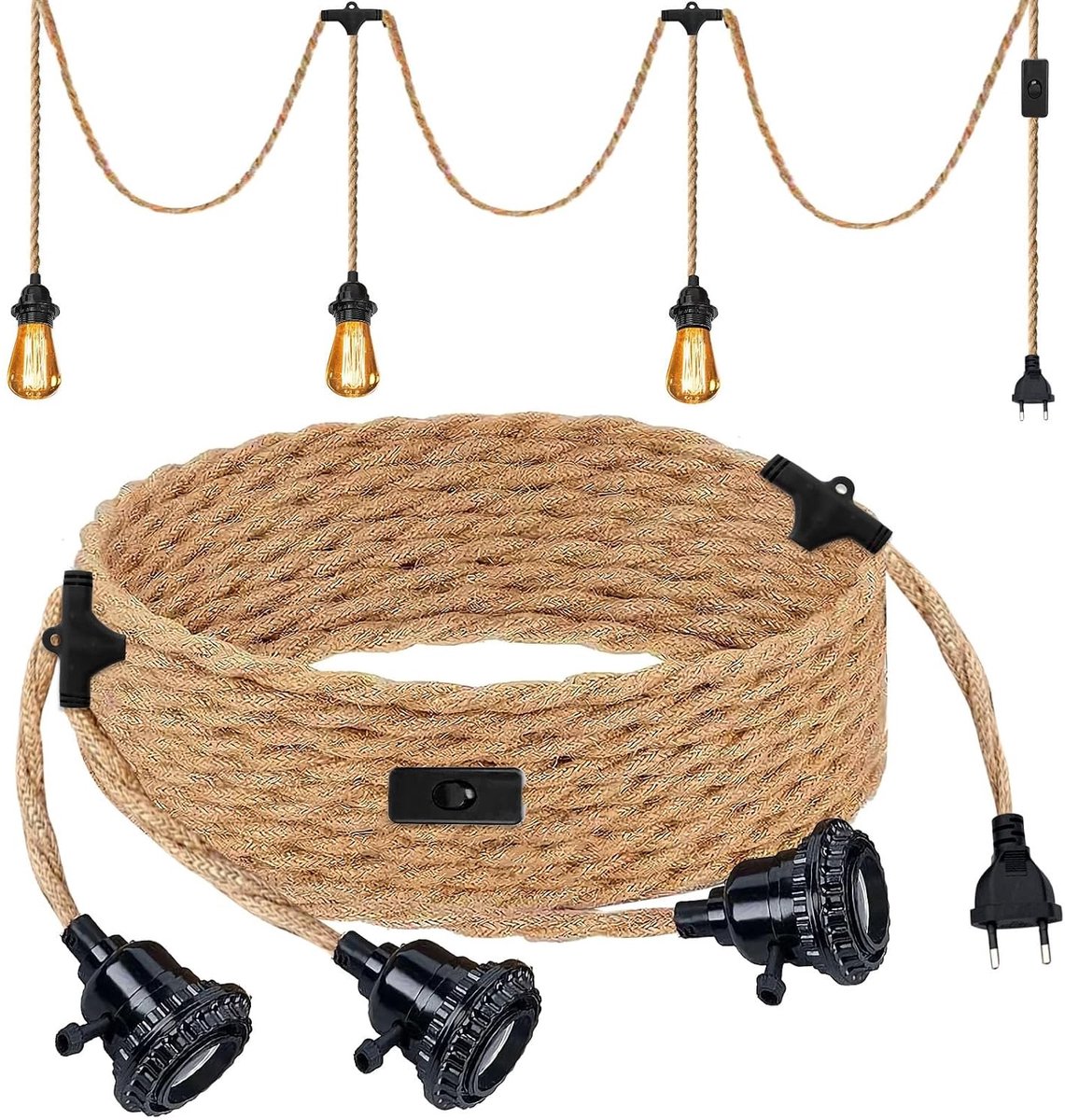 Hanglamp Kit - Henneptouw - 6,8 M - Vintage Lampenkabel met E27 Fittingen - Voor DIY Verlichting