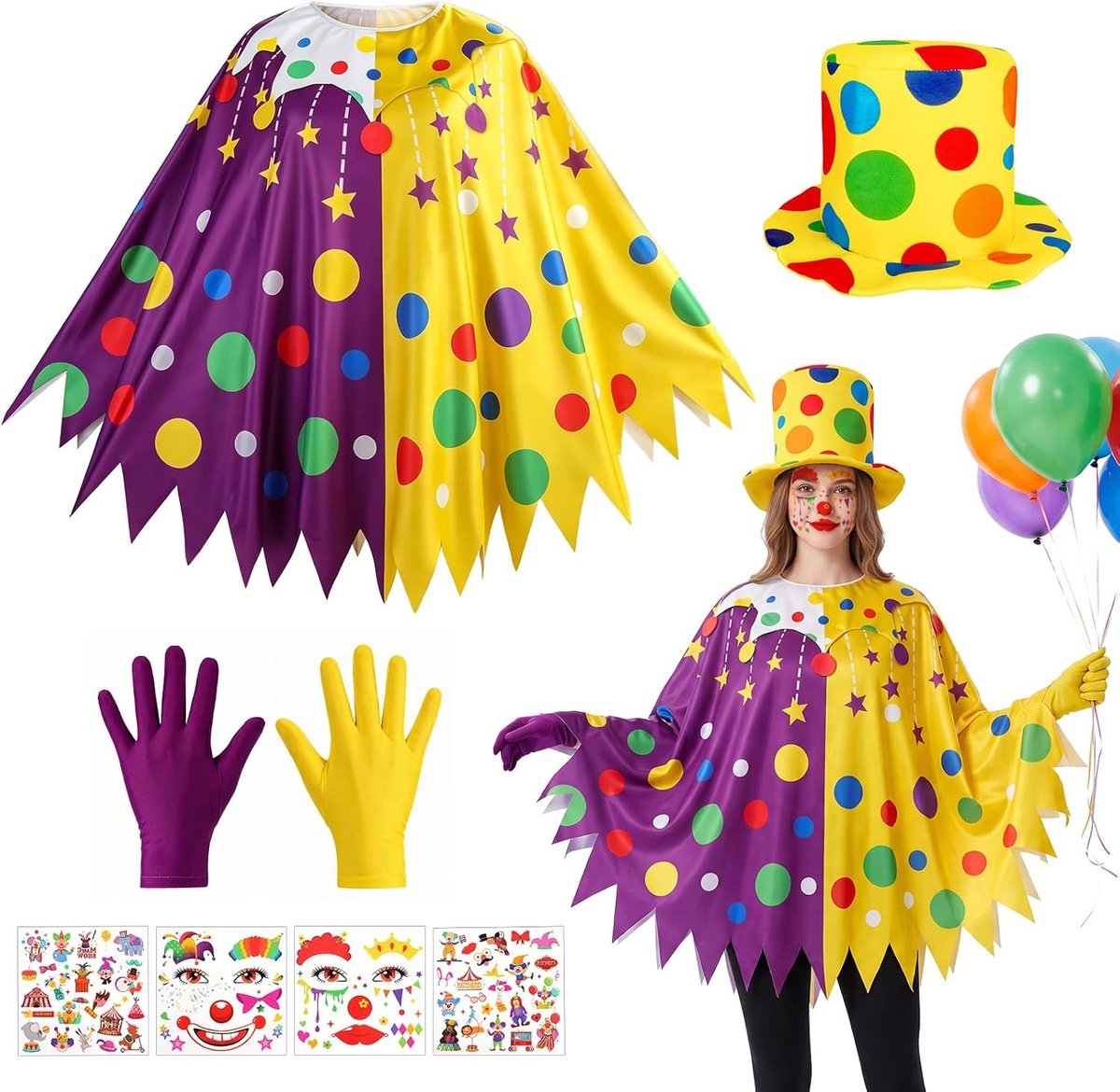 Vrouwelijk Clown Kostuum met Poncho, Clown Hoofdband, Rode Neus en Handschoenen voor Feestjes