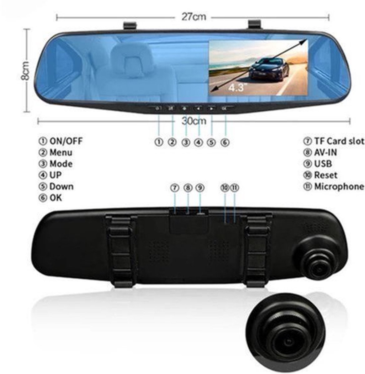 Dashcam voor Auto - Dashcam 4.3 Inch - Full HD 1080P Auto Rij Recorder - Achteruitkijkspiegel DVR - Nachtzicht & Bewegingsdetectie - Zonder Geheugenkaart - Zwart