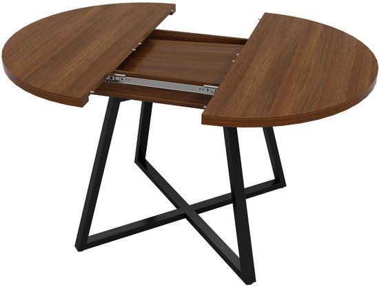Ronde uitschuifbare eettafel van donker hout, met het verlengstuk zichtbaar, op zwart metalen X-frame.