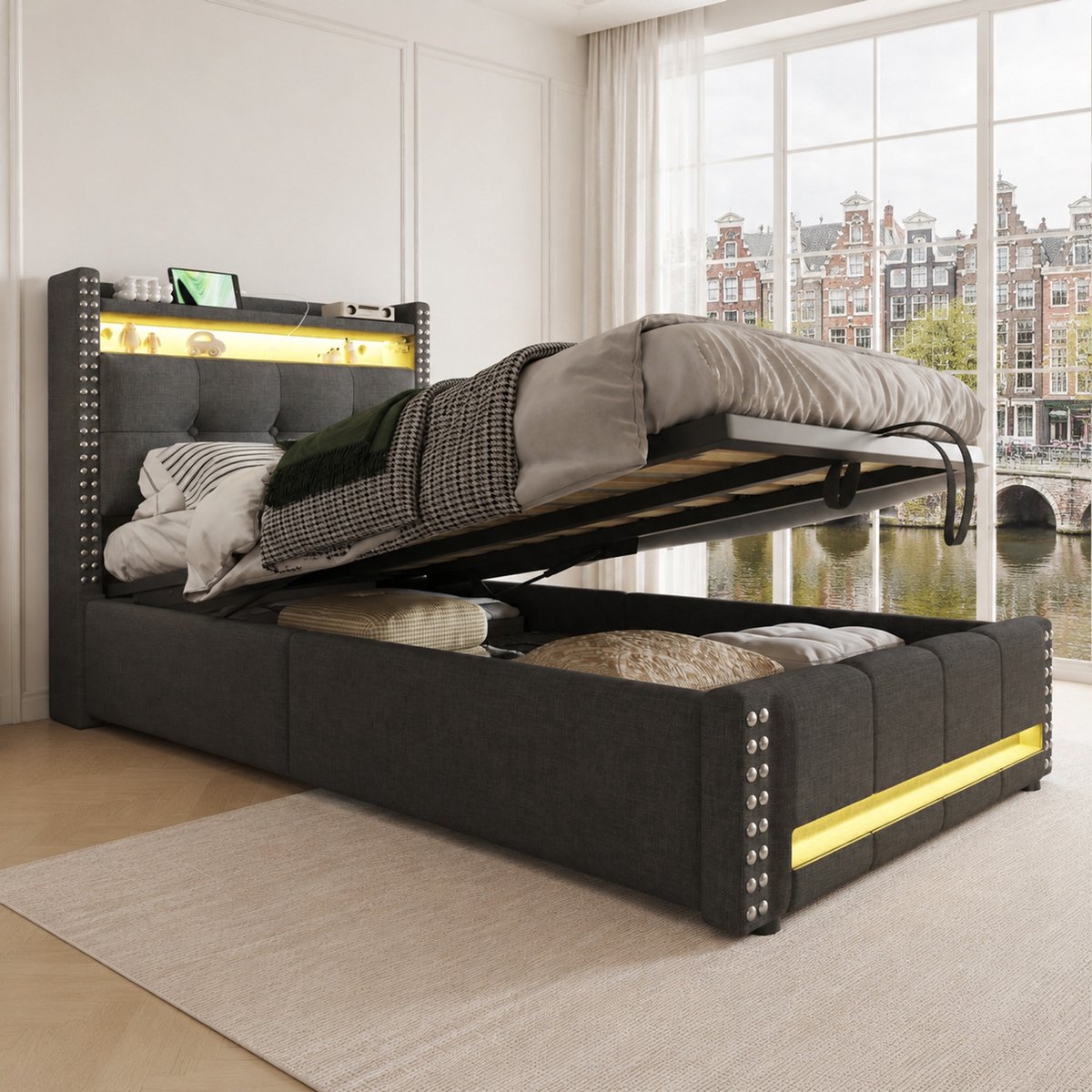 WUVRIE Polsterbett Kinderbett 90x200cm met LED-Verlichting en USB-Stekkers, Hoofdeinde met Opbergruimten en Stauraam, Hydraulisch, Verstelbaar Hoofdeinde en Voeteneind, Leinenstof Grijs
