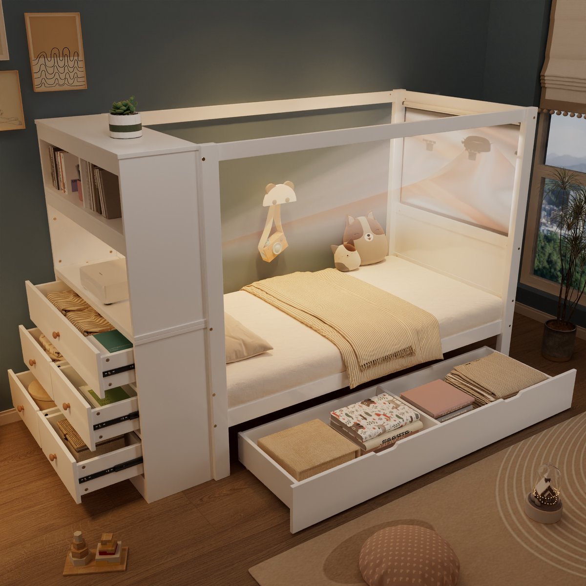 Kinderbed – Eenpersoonsbed met Uitvalbeveiliging en Spijlen – Houten Bed met Opbergruimte, 5 Lades en Verrijdbare Lade – 90 x 200 cm - Wit/Naturel-zonder matras