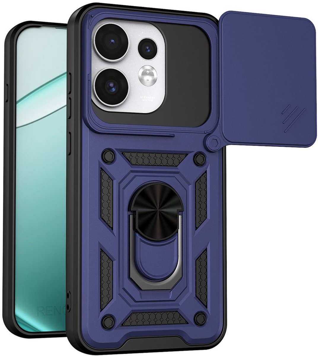 MobyDefend Hoesje - Geschikt voor Oppo Reno16 / 16 Pro - Pantsercase Met Draaibare Ring - Blauw