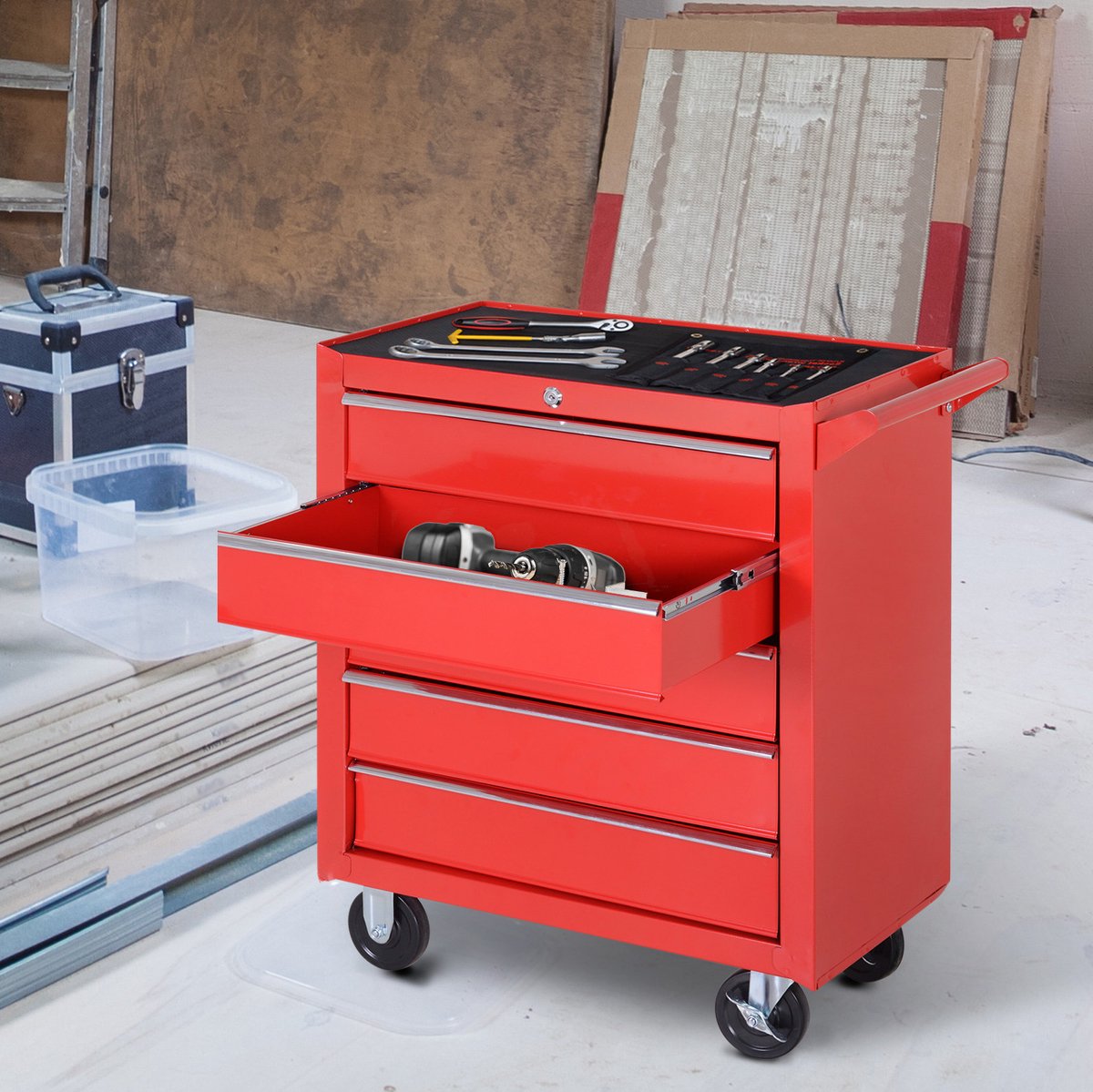 MODFU-Gereedschapskar-Met Wielen-5 Lades-Afsluitbaar-Staal-Rood