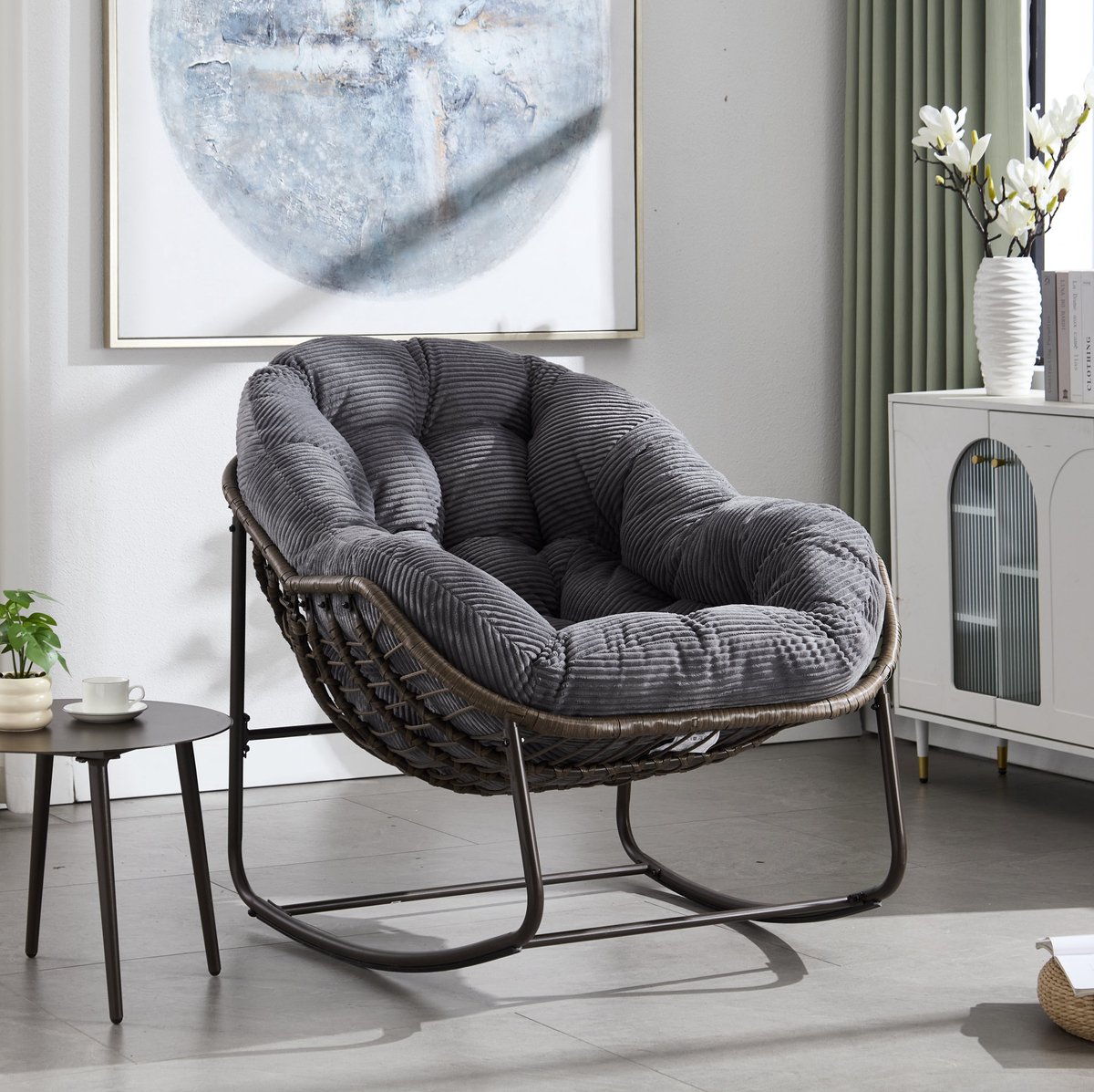 Hauss Spole Schommelstoel - Handgeweven Rattan Fauteuil Met Zacht Kussen - Voor Veranda, Terras En Woonkamer - Staal - Grijs