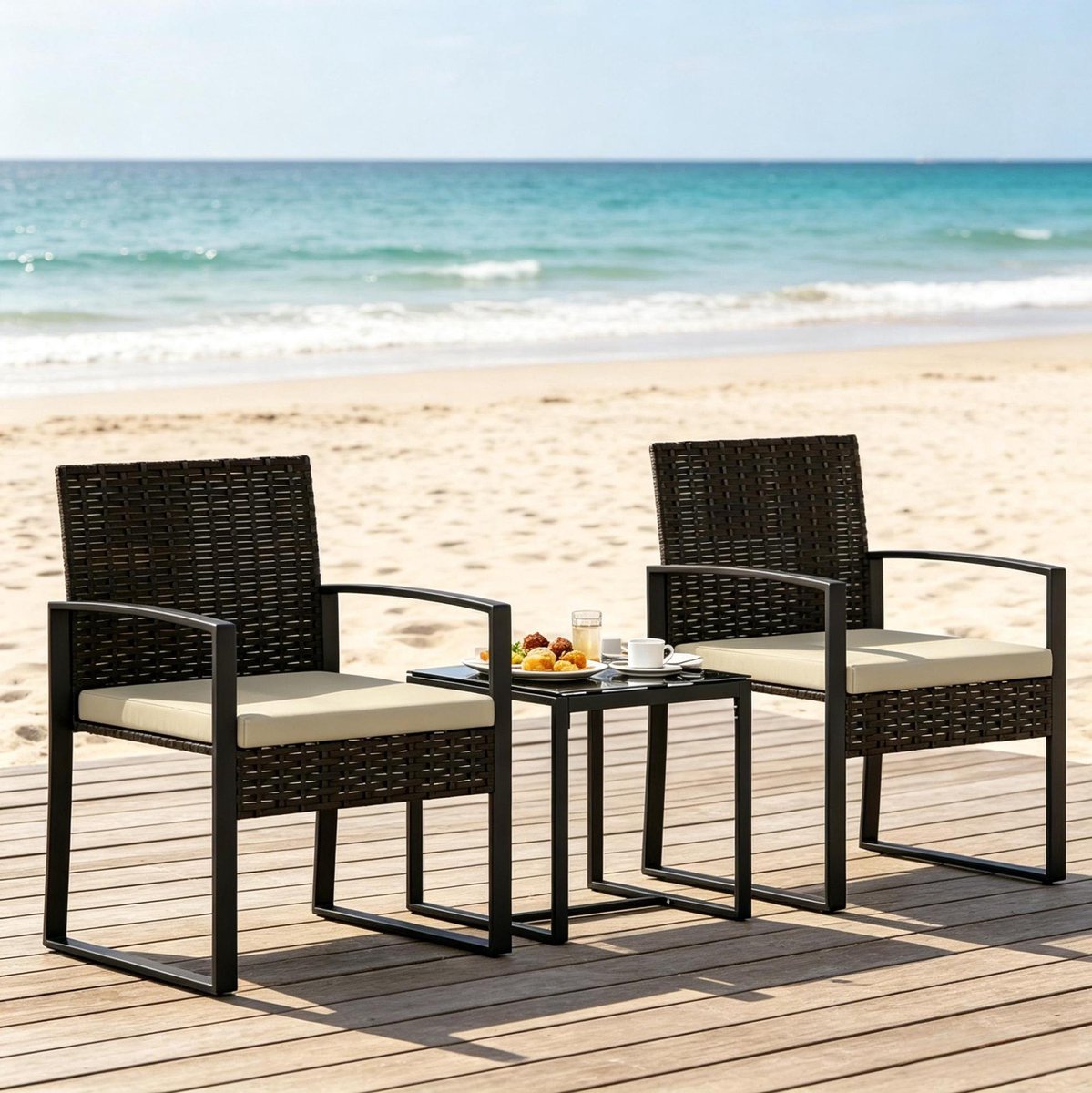 Bistroset - 2 Zits Tuinset Met Tafel En Kussens - Voor Balkon, Terras En Tuin - Polyrattan, Staal, Glas - Zwart, Bruin, Khaki