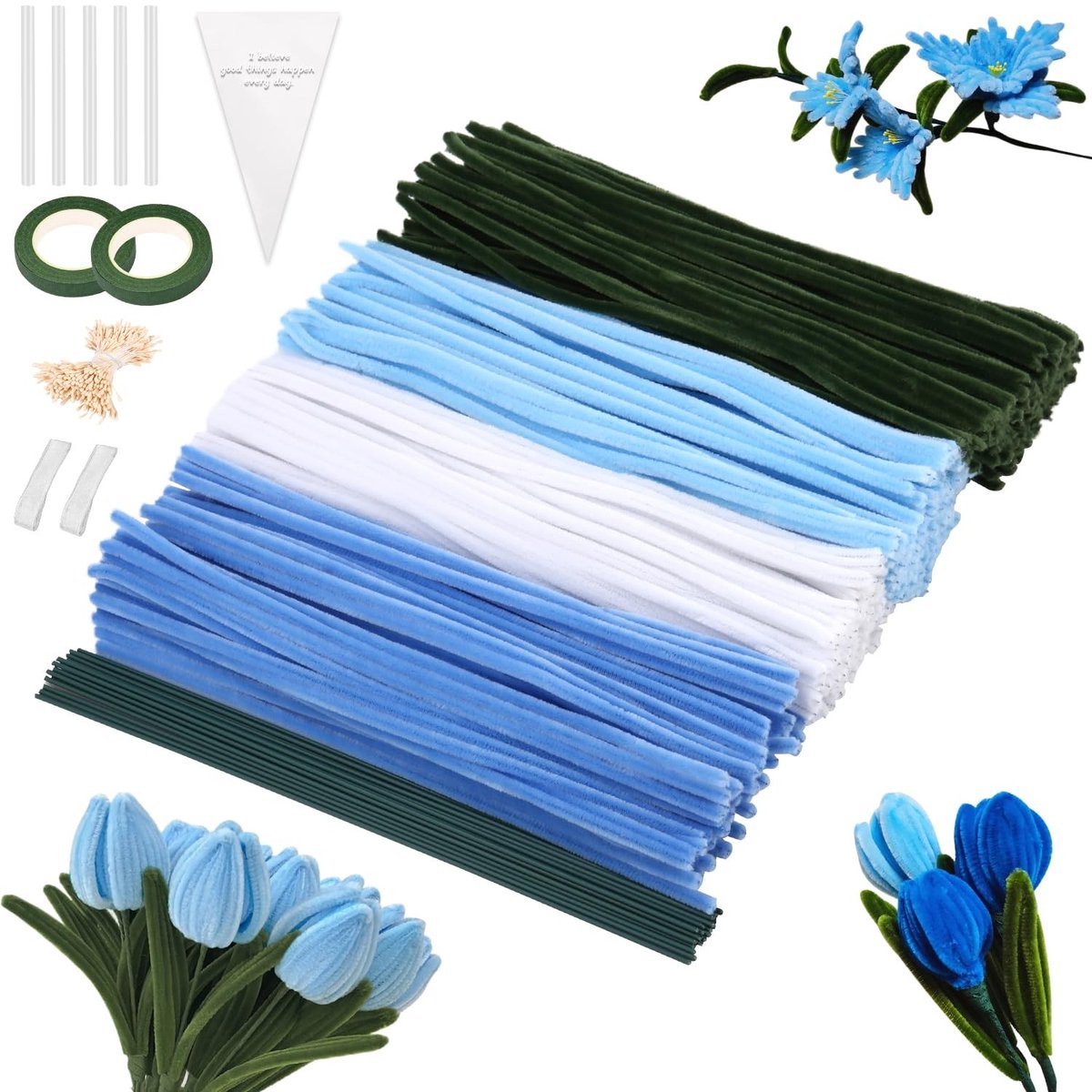 400 Stuks Pijpenragers Set in 4 Kleuren voor Creatieve Knutselprojecten, Inclusief 20 Groene Craft Draad en Accessoires voor Bloemstukken en Decoraties