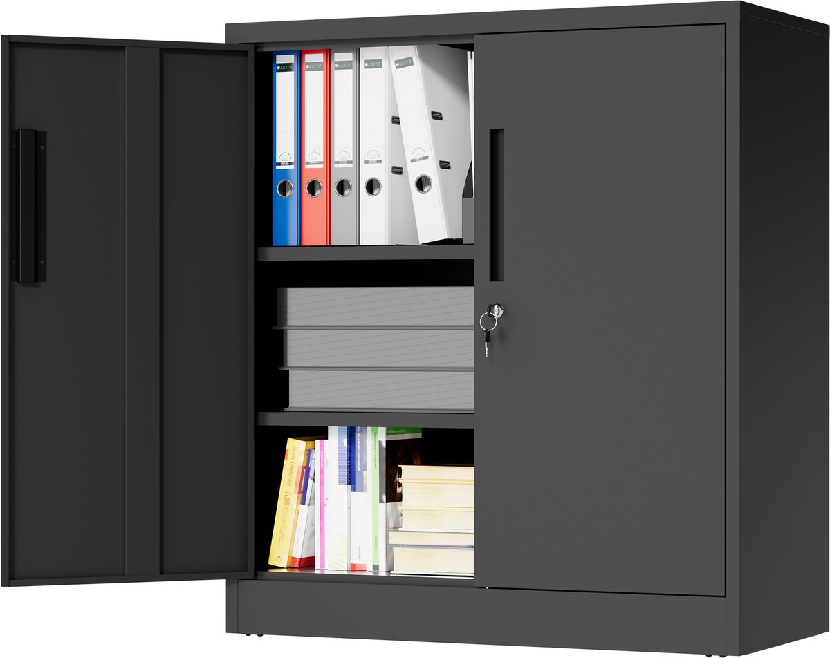 Metalen Opslagkast Kleine Stalen Kast - Twee Afsluitbare Deuren - Twee Verstelbare Planken - Kantelbestendig - Zwart - Zelf Te Monteren Voor Garage En Huishouden