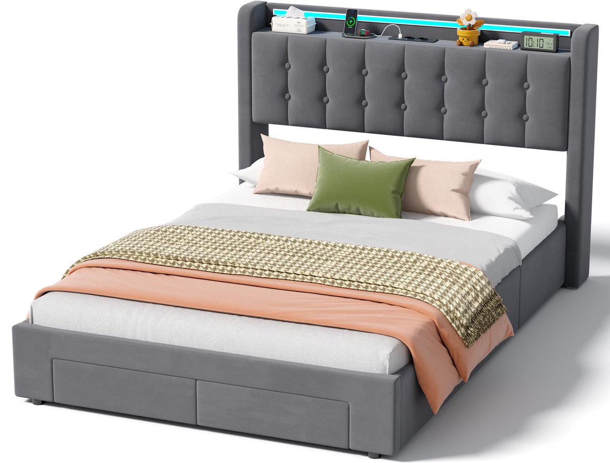 MODENUIT Gestoffeerd Bed 140x190cm – Bedframe Met Opbergruimte, Usb-poort En Ledlicht – Zonder matras – Donkergrijs