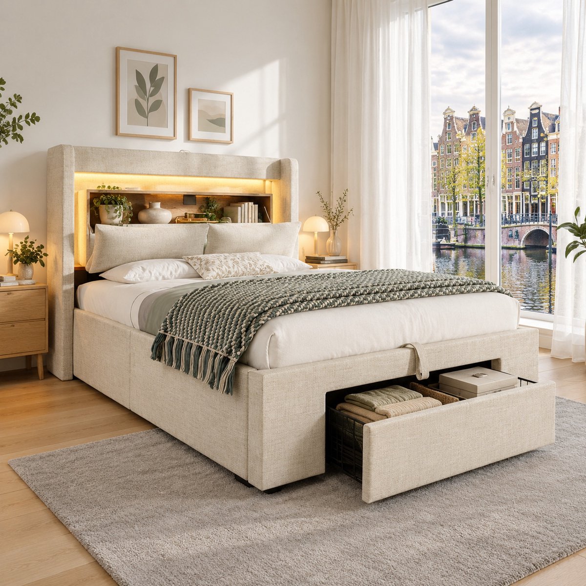 WUVRIE Polsterbett 90x200 cm Beige met LED Verlichting, USB & USB-C en opbergruimte
