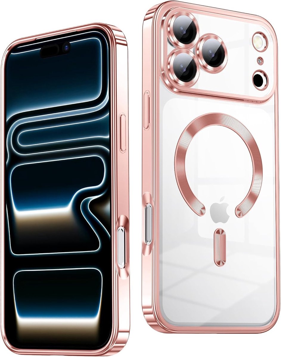 Hoesje Geschikt iPhone 18 Pro Hoesje – Transparant/Rose Goud Hybrid Backcover, MagSafe Compatibel & Verhoogde Camerabescherming – Slank en Stevig - Ntech