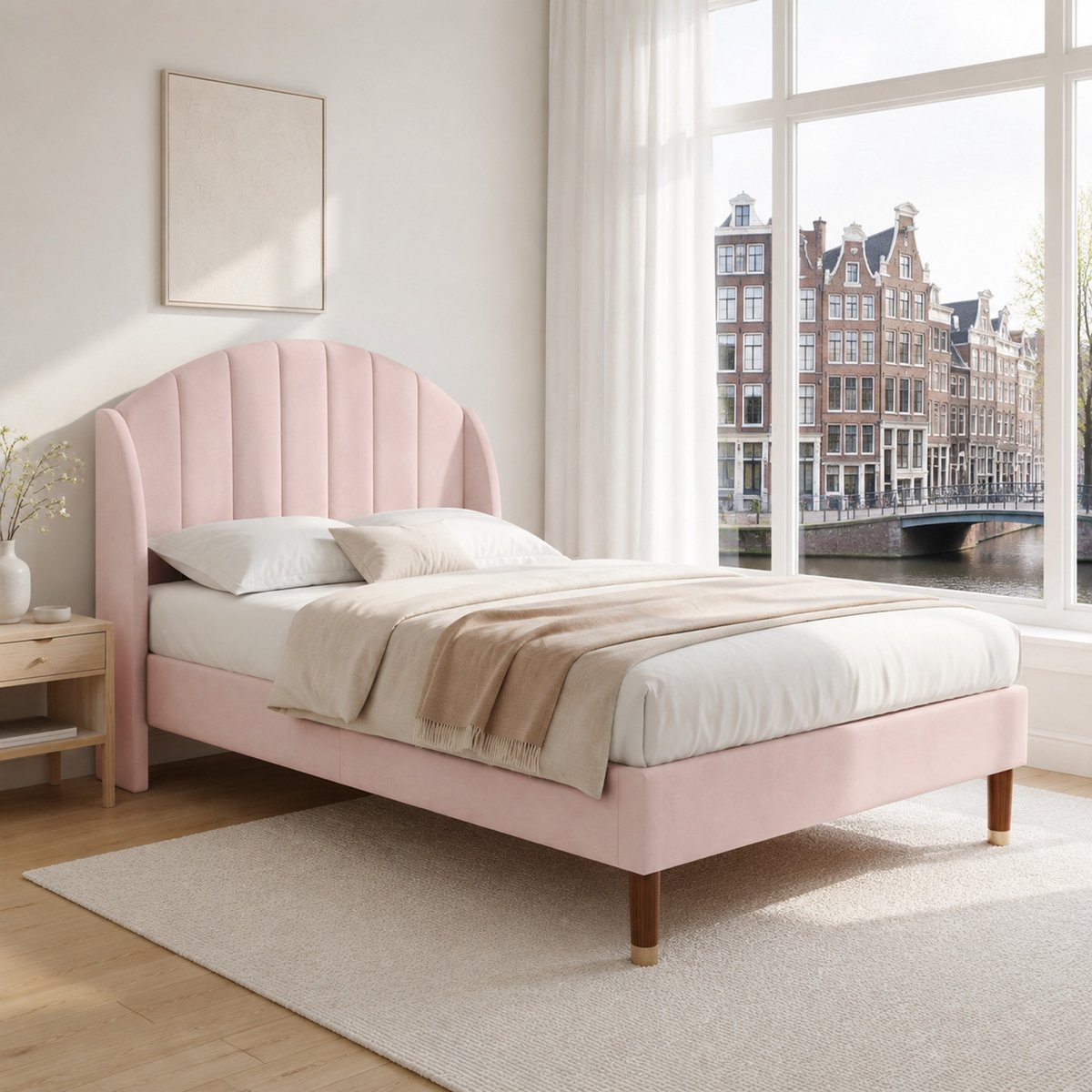 WUVRIE Polsterbett 90x200 cm met Lattenrost en Hoofdeind - Rosa Samt Einzelbed Roze