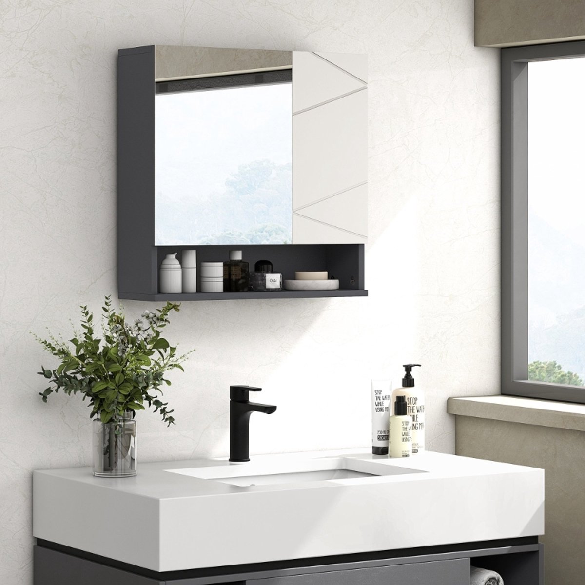 MODFU Badkamerkast - Spiegel - Verstelbare Plank - Wandkast - Grijs - 55 X 17 X 55 Cm