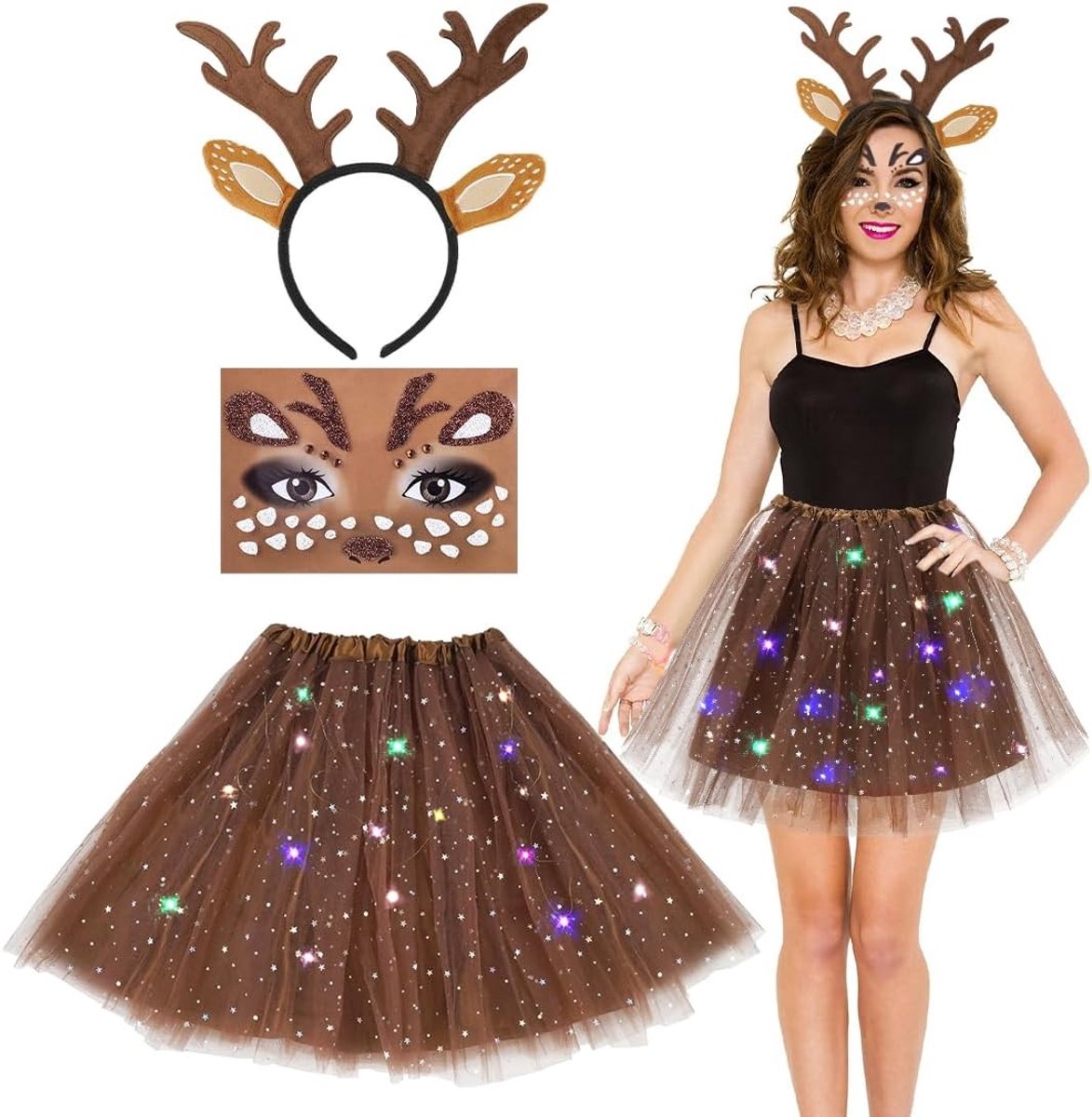 Dames rendier kostuum set voor Halloween en carnaval met haarband, LED tule rok en tattoo stickers, perfect voor dieren kostuums voor volwassenen