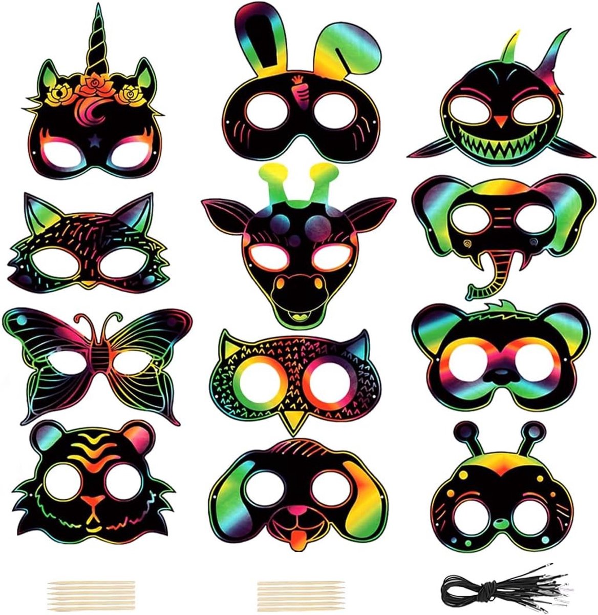 48 Dierenmaskers voor Kinderen met Elastische Koorden en Houten Pennen voor Feestjes en Verjaardagen