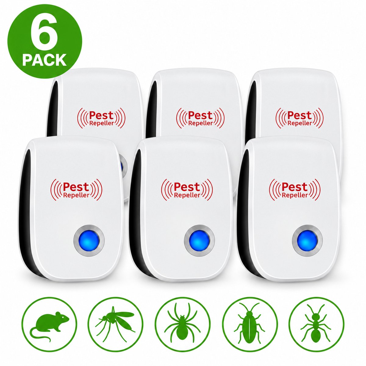 BvH™ Ultrasone Verjager 6-Pack - Muizenverjager - Muggenverjager - Insectenverjager - Knaagdierverjager Stekker - Ongediertebestrijder Zonder Gif - Verjager