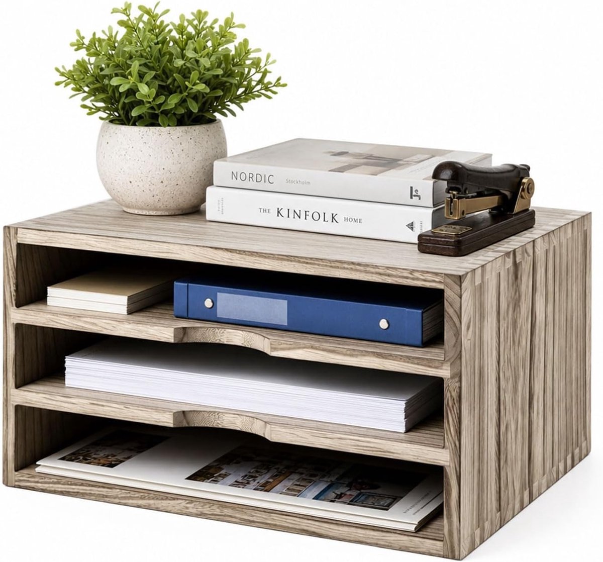 Bureau Organizer - Bruin - 35 x 24 x 18 cm - Houten Documentenhouder met 3 Vakken - Voor Thuis en Kantoor