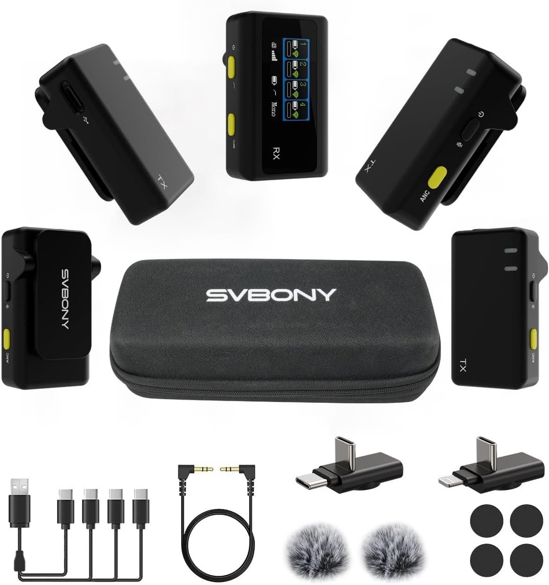 Draadloze Lavalier Microfoon met 4 Zenders, DSP Geluidsreductie, 75 dB 48kHz/24-bit Opname voor Video Vlogs, Interviews en Live Streaming