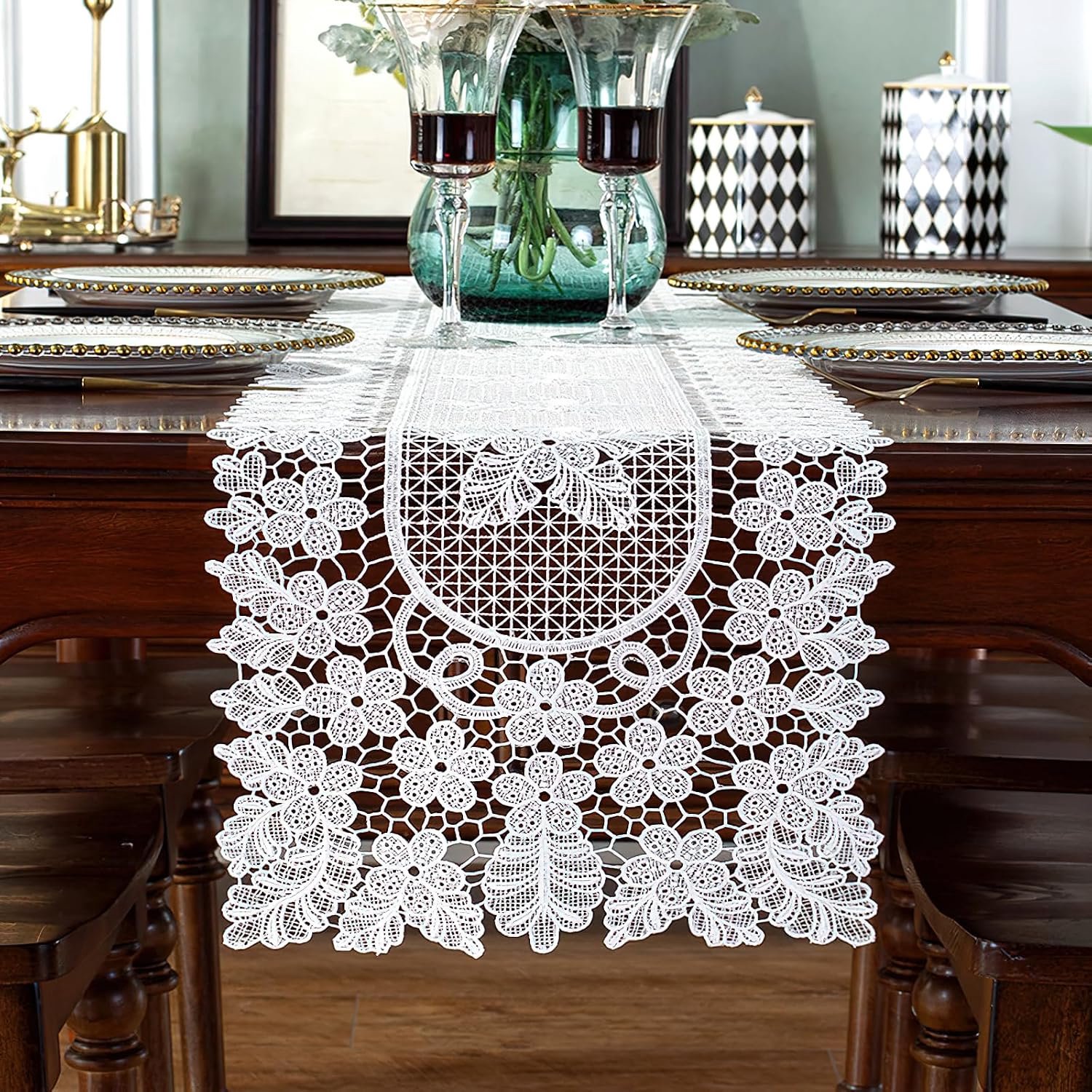 Witte kanten tafelloper dressoir sjaal gehaakte ovale bloemen tafelkleedjes elegante tafelplacemats voor thuis, banket, bruiloft, festival, feestdecoratie, 30,0 x 45,5 cm
