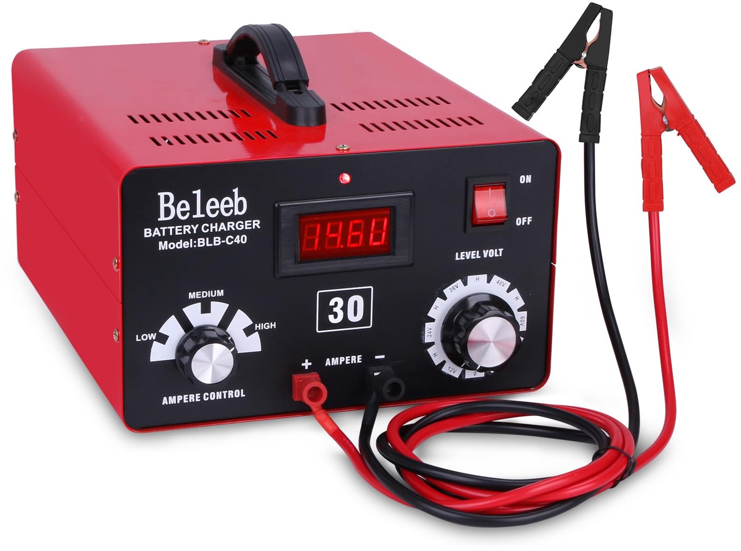 Acculader 72 Volt Rood - 4 Ampère Vermogen - 25x28x16 cm Afmetingen - Universele Batterijlader - Voor Auto Motorfiets Camper Boot