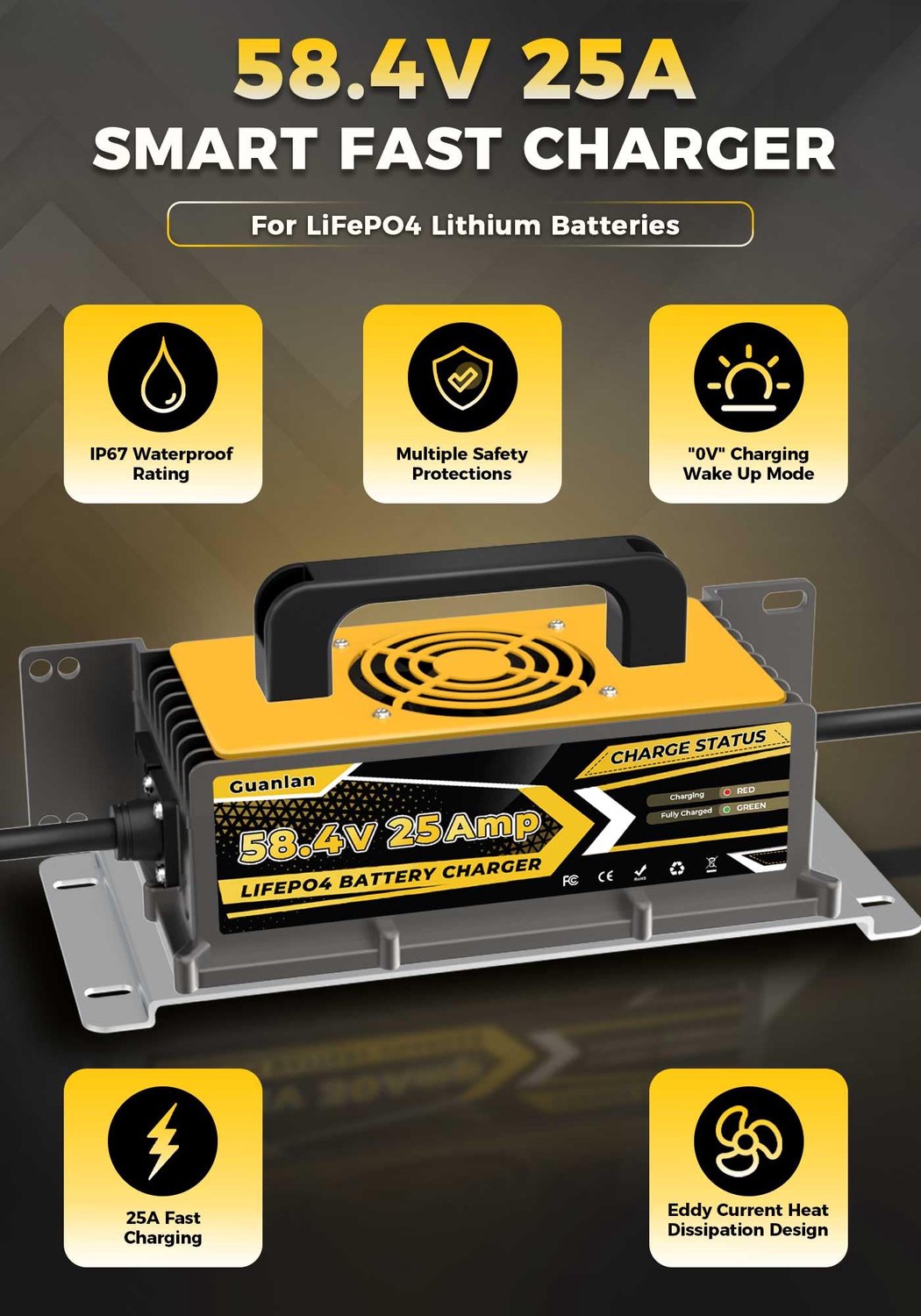 Acculader 58,4 V 25 A LiFePO4 - 48 V Lithium Batterij - 25 Ampère Vermogen - Waterdicht IP67 - Voor Camper Boot Zonne-energie