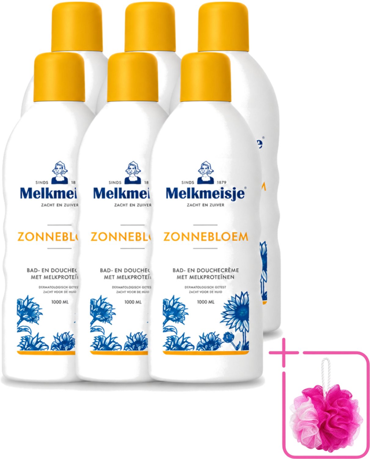 6 x Melkmeisje - Bad & Douche Zonnebloem - Romig Parfum - 1000 ml - Bulkverpakking - Douchecrème - Douchemop - Melkmeisje