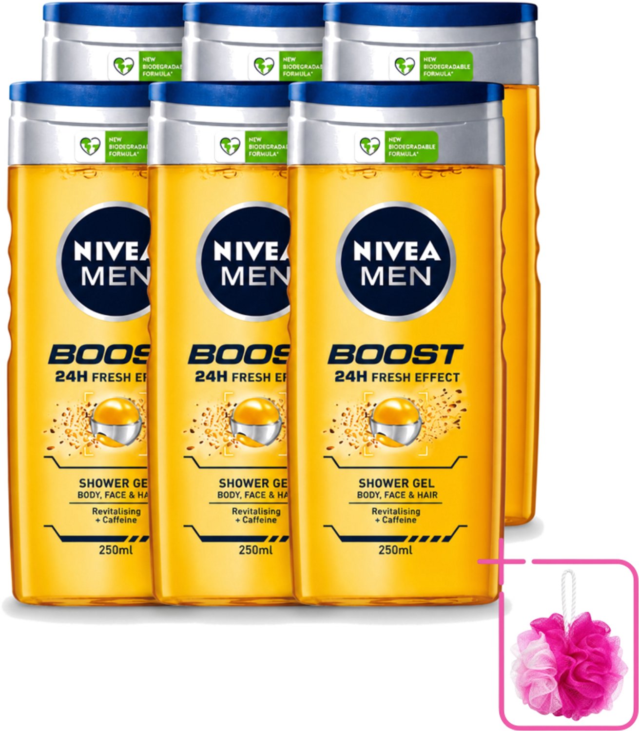6 x Nivea - Men - Boost Douchegel - 24 Uur Lang Effect - 250 ml - Bulkverpakking - Douchegel - Douchemop - Cafeïne