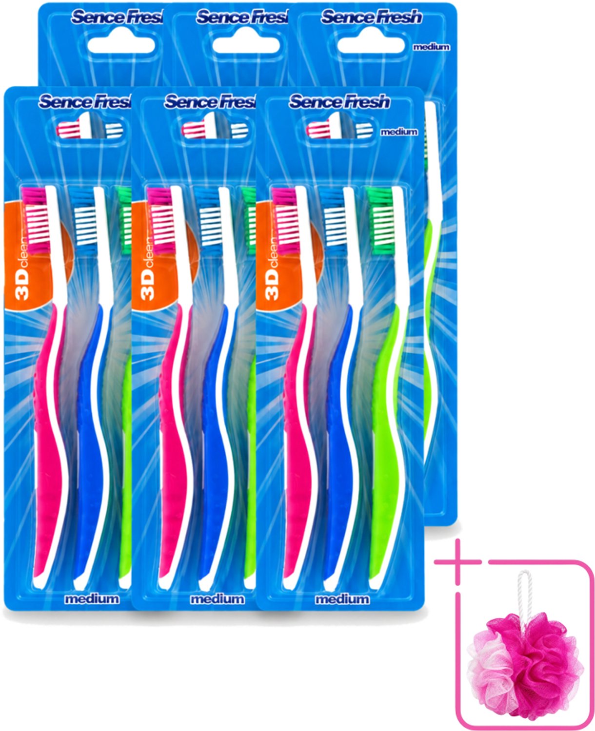 6 x Sence - Fresh 3D-Extra Clean - Tandenborstels - Medium - 3 Tandenborstels - Bulkverpakking - Tandenborstel - Douchemop - Tandenborstels