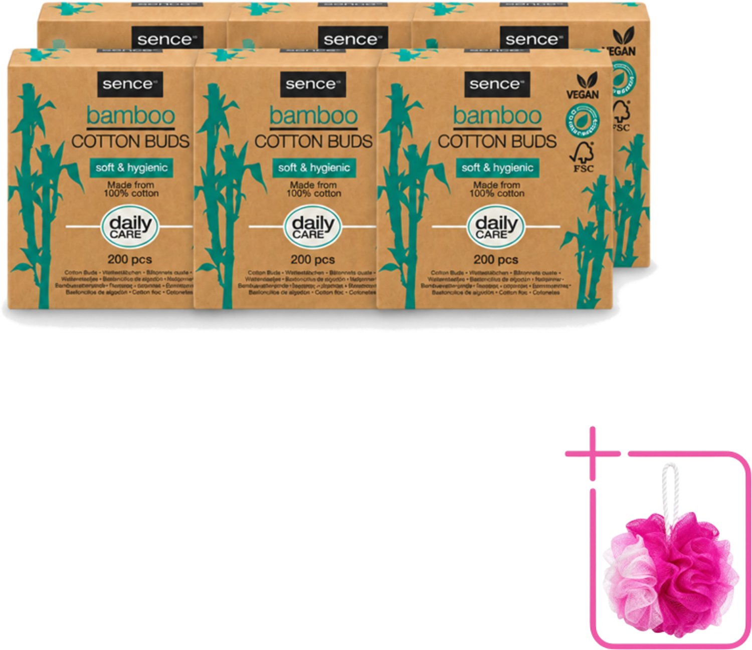 6 x Sence - Bamboe - Wattenstaafjes - Afbreekbaar & Vegan - 200 Wattenstaafjes - Bulkverpakking - Bamboe wattenstaafjes - Douchemop - Vegan wattenstaafjes