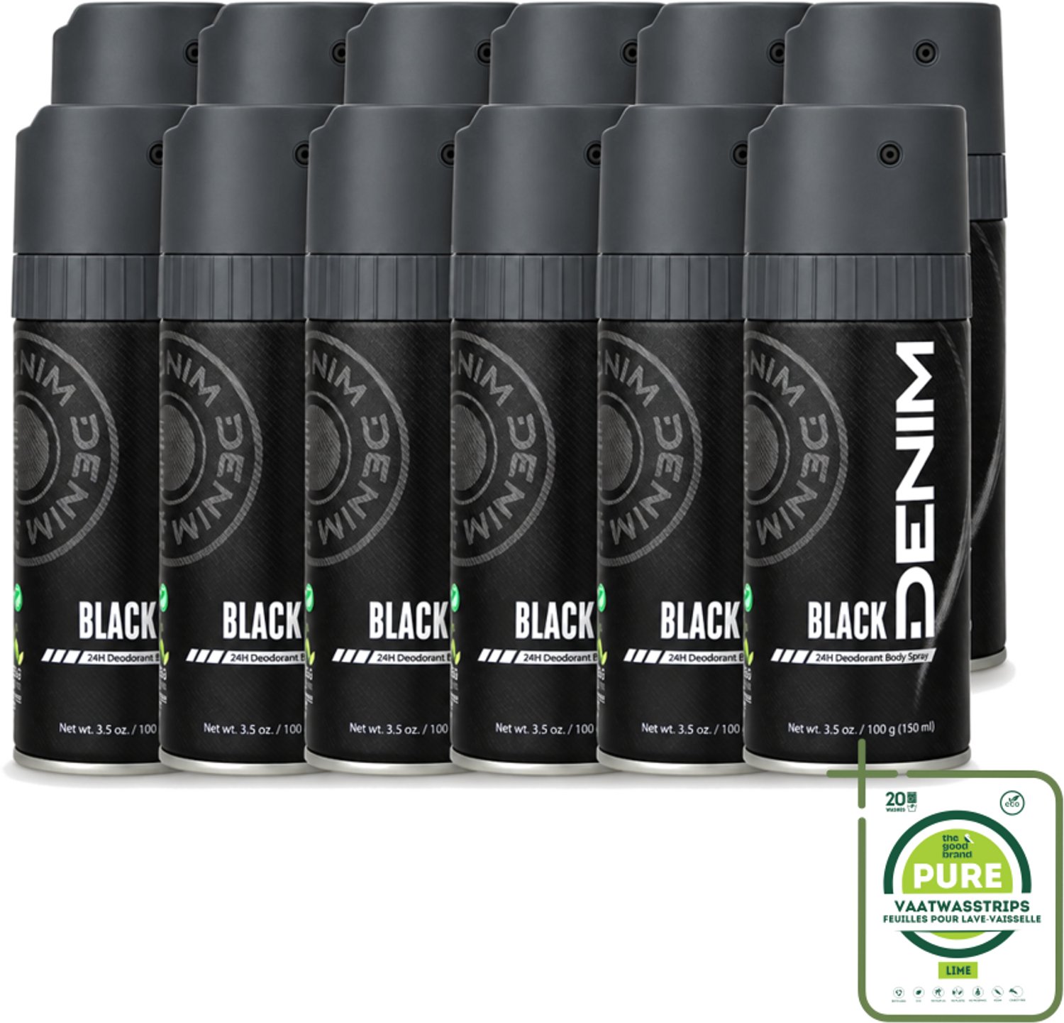 12 x Denim - Deodorant Aerosol - Black Geur - Voor Mannen - 150 ml - Grootverpakking - Vaatwasstrips - Deodorant Spray - Mannelijke Geur - Frisheid - Transpiratie - Geurcontrole