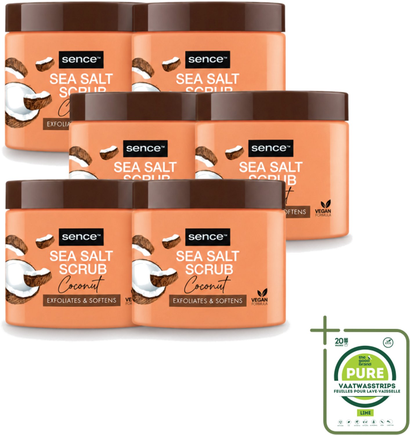6 x Sence - Coconut - Bodyscrub - Verzorgend - 500 g - Grootverpakking - Vaatwasstrips - Bodyscrub Kokos - Huid Verzorging - Exfolieer Huid - Huid Reinigen - Kokos Geur