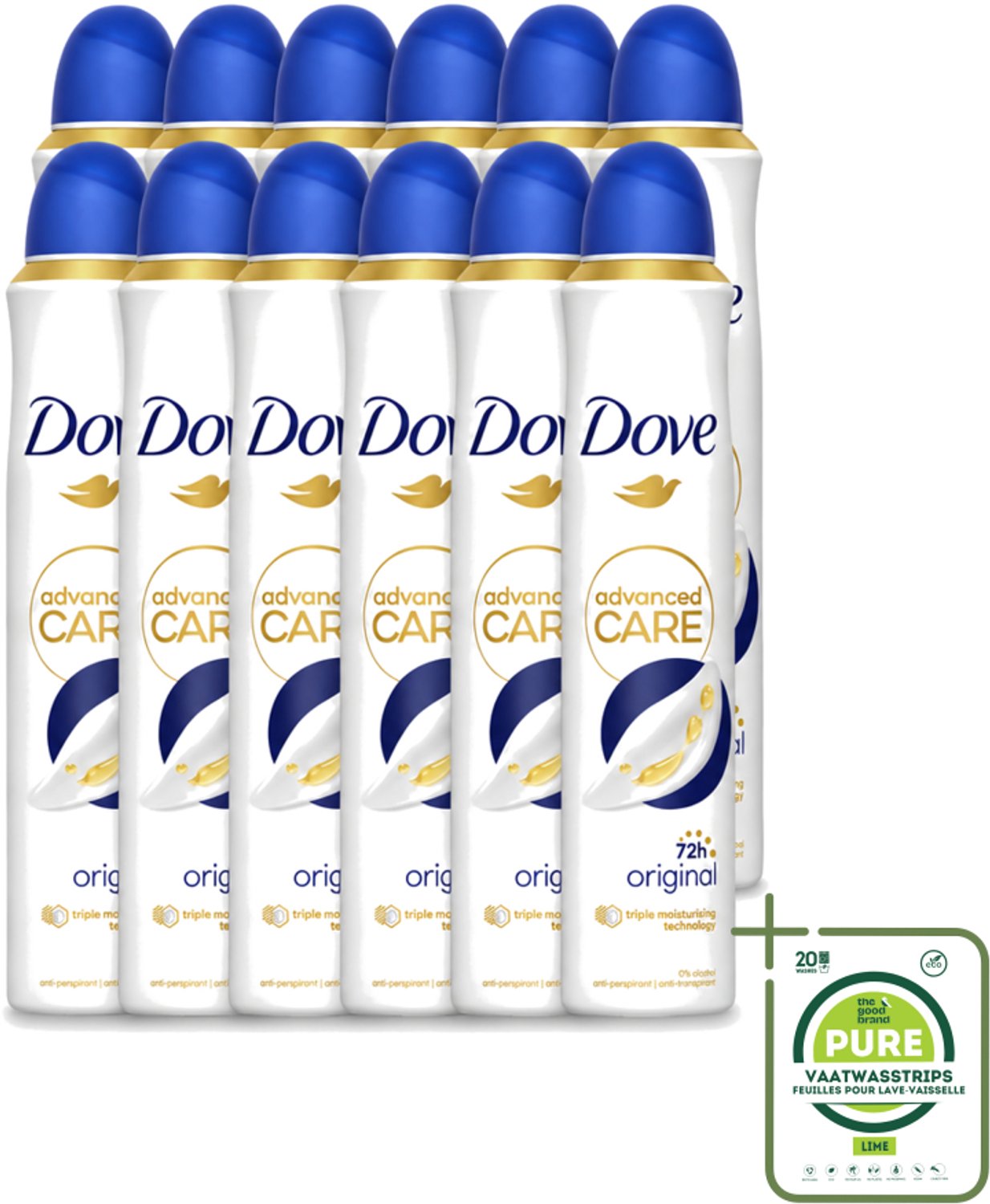 12 x Dove - Deodorant - Spray Advanced Care - Frisse en langdurige bescherming - 200 ml - Grootverpakking - Vaatwasstrips - Anti-transpirant Spray - Huidverzorging - Zweetvermindering - Geurvermindering - Scherenhuid