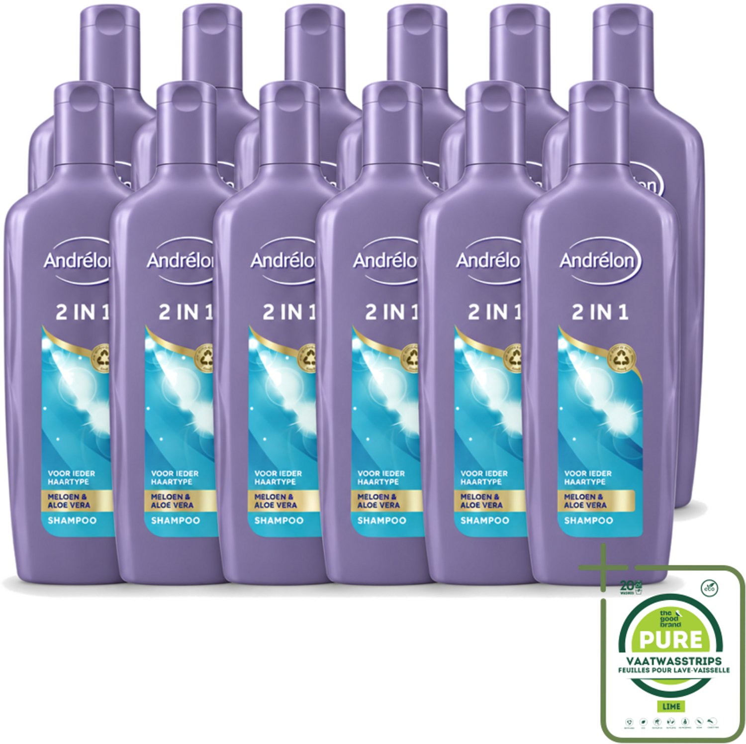 12 x Andrélon - 2-in-1 - Shampoo - Reinigt & Verzorgt - 300 ml - Grootverpakking - Vaatwasstrips - 2-in-1 Shampoo Conditioner - Haar Reinigen - Haar Verzorgen - Meloen Shampoo - Aloë Vera Shampoo