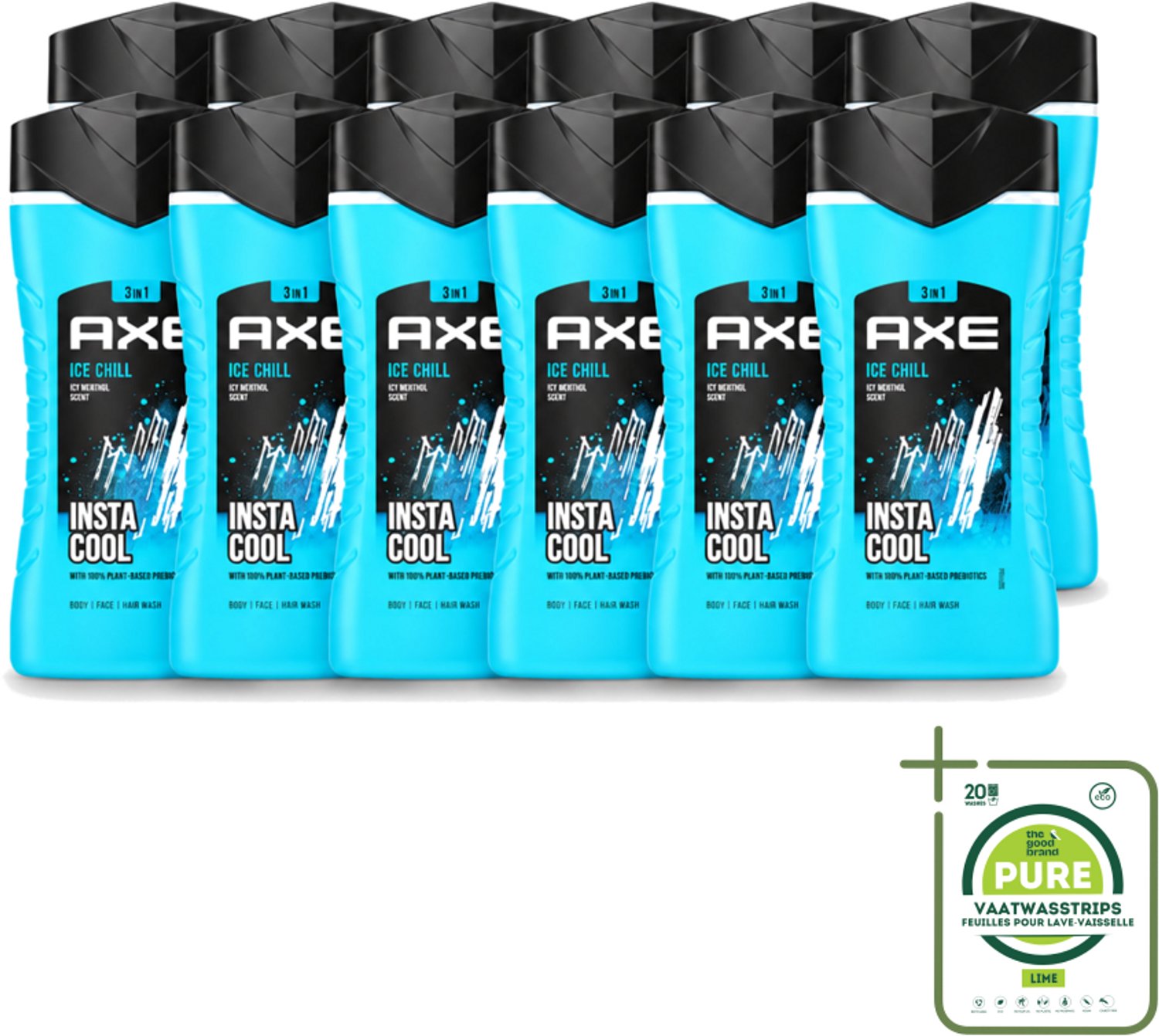12 x Axe - 3-in-1 Douchegel - Ice Chill - Icy Menthol - Insta Cool - 100% Plantaardig - 150 ml - Grootverpakking - Vaatwasstrips - Douchegel - Menthol - 3-in-1 - Frisheid - Onweerstaanbare Geur