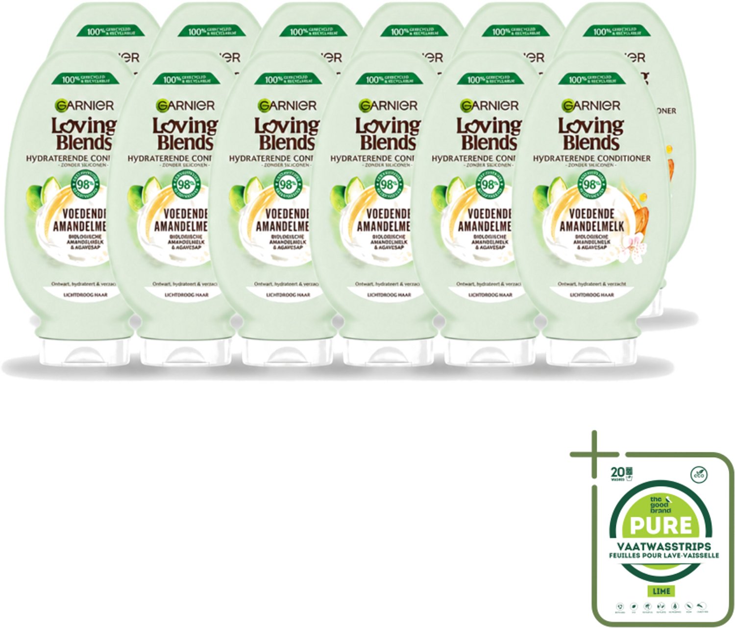12 x Garnier - Loving Blends - Conditioner - Voedende Amandelmelk - Lichtdroog Haar - 250 ml - Grootverpakking - Vaatwasstrips - Voedende Amandelmelk Conditioner - Lichtdroog Haar - Hydraatatie - Natuurlijke Ingrediënten - Biologisch Haarverzorging