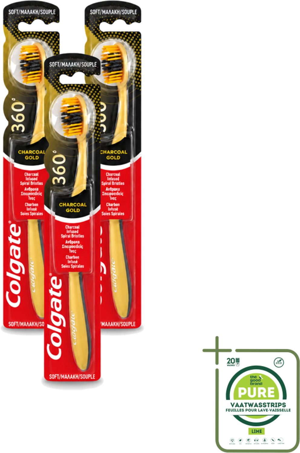 3 x Colgate - Tandenborstel - 360 Charcoal Gold Soft - Zwart/Goud - 1 Tandenborstel - Grootverpakking - Tandenborstel - Houtskool - Tanden Reinigen - Tanden Witter Maken - Tandenborstel Houtskool