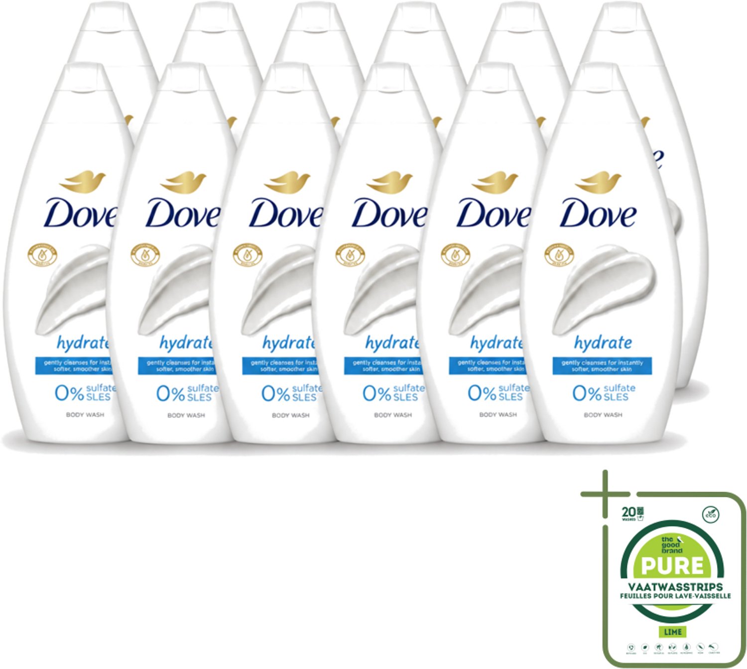 12 x Dove – Douchegel – Hydrate – 450 ml - Grootverpakking - Vaatwasstrips - Douchegel Hydrateren - Zachte Huid - Huid Verzorgen - Mild Reinigen - Droge Huid